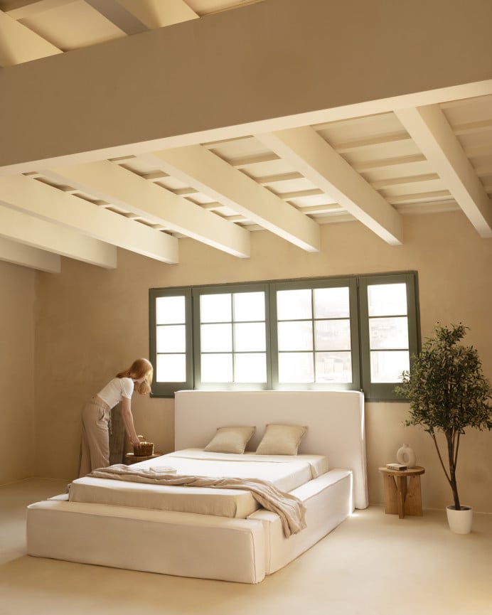 Deco Wood Cama Desenfundable De Lino Blanco Para Colchón De 90x200cm