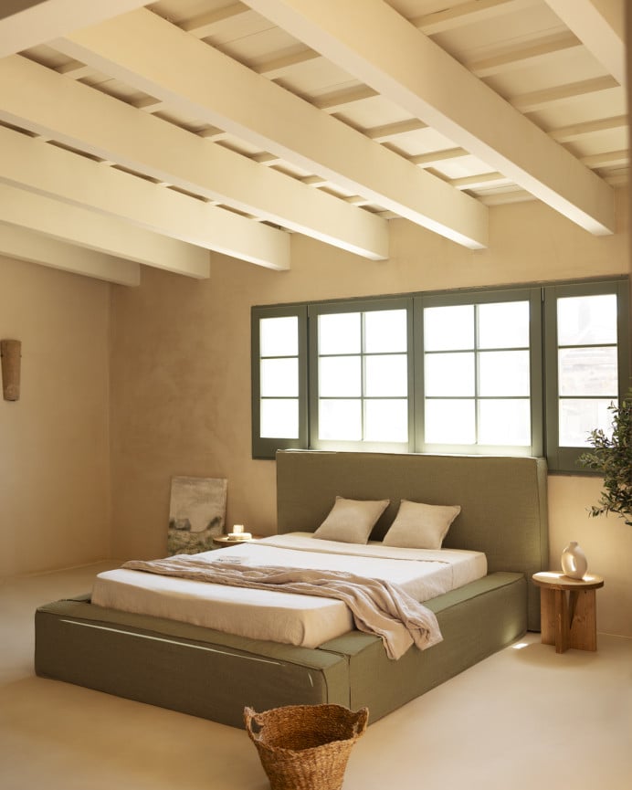 Deco Wood Cama Desenfundable De Lino Verde Para Colchón De 100x200cm