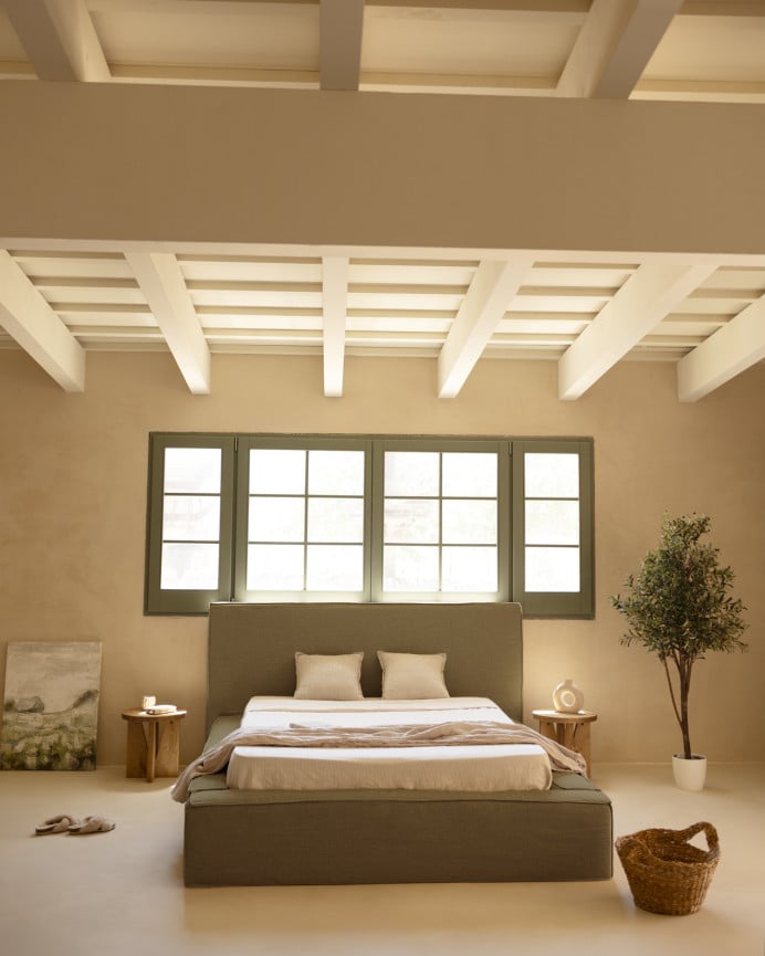 Deco Wood Cama Desenfundable De Lino Verde Para Colchón De 100x200cm