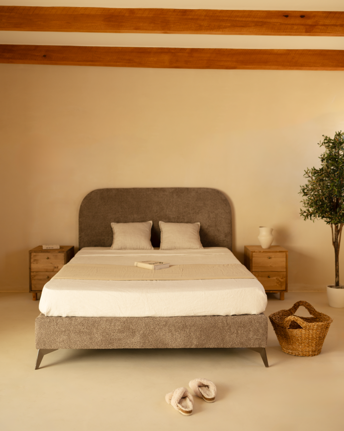 Deco Wood Cama Tapizada De Boculé Taupe Para Colchón De 90x200cm