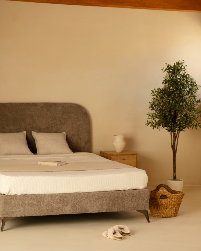 Deco Wood Cama Tapizada De Boculé Taupe Para Colchón De 90x200cm