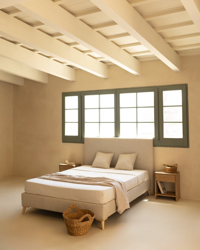 Deco Wood Cama Tapizada De Lino Beige Para Colchón De 90x200cm