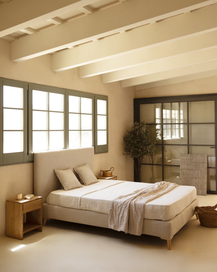 Deco Wood Cama Tapizada De Lino Beige Para Colchón De 90x200cm