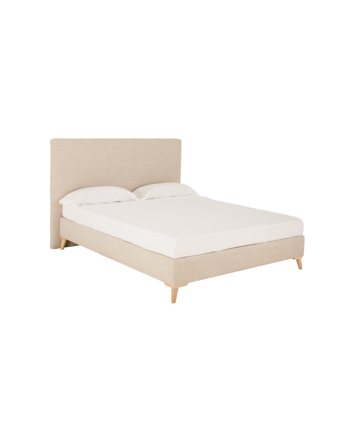 Deco Wood Cama Tapizada De Lino Beige Para Colchón De 90x200cm