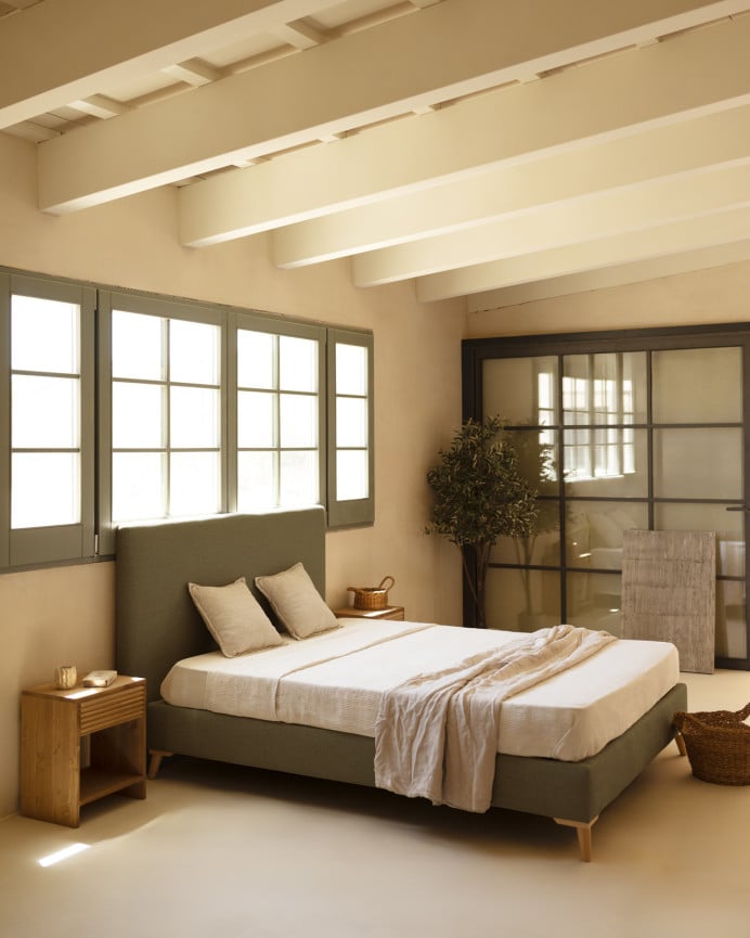 Deco Wood Cama Tapizada De Lino Verde Para Colchón De 90x200cm