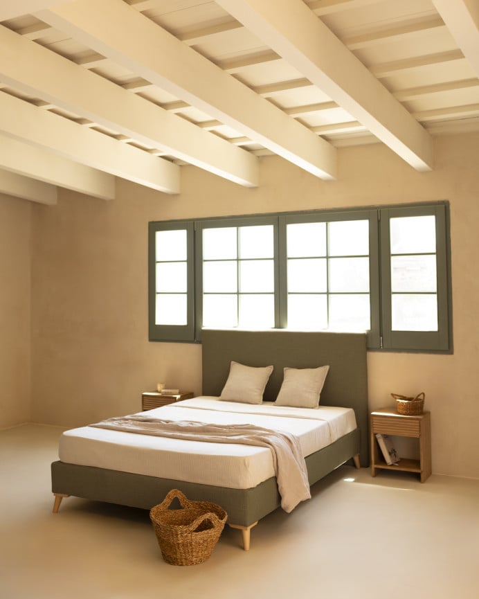 Deco Wood Cama Tapizada De Lino Verde Para Colchón De 90x200cm