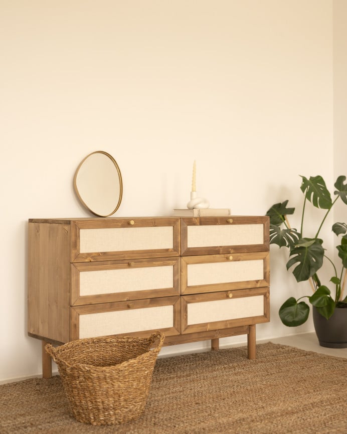 Deco Wood Cómoda De Madera Maciza Y Lino Con Seis Cajones En Tono Roble Oscuro De 76x120cm