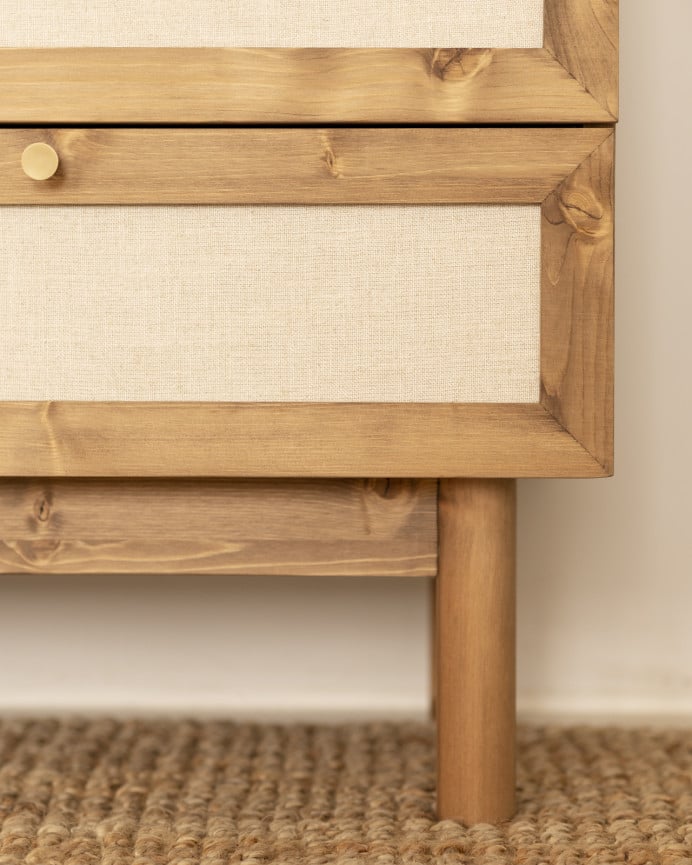 Deco Wood Cómoda De Madera Maciza Y Lino Con Seis Cajones En Tono Roble Oscuro De 76x120cm