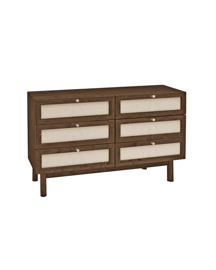 Deco wood Cómoda de madera maciza y lino con seis cajones en tono nogal de 76x120cm