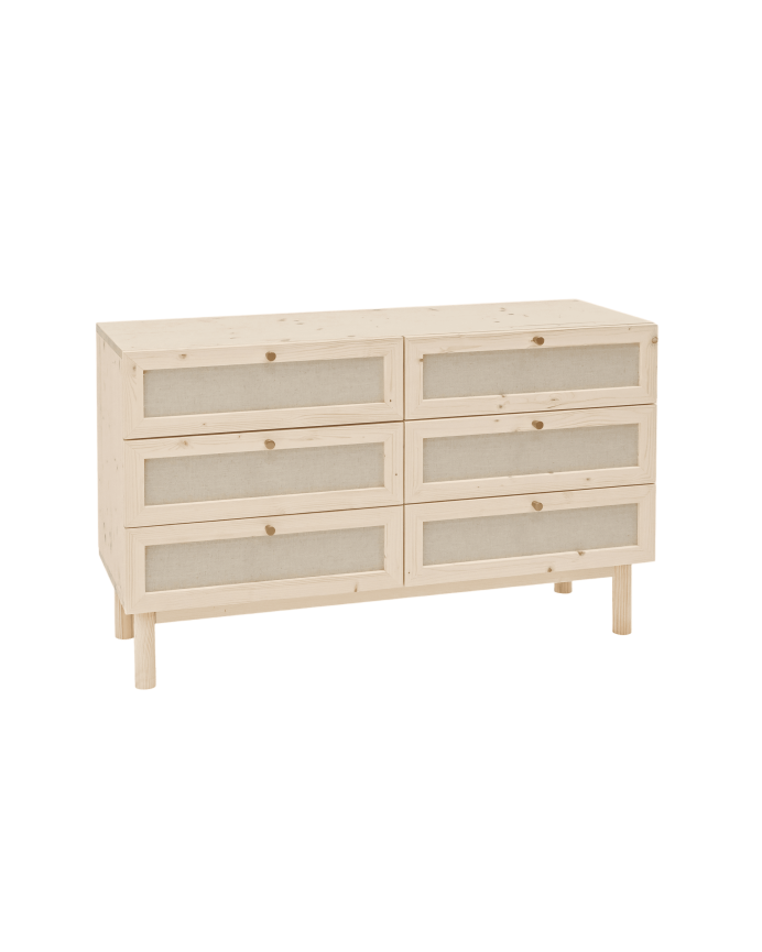 Deco wood Cómoda de madera maciza y lino con seis cajones en tono natural de 76x120cm