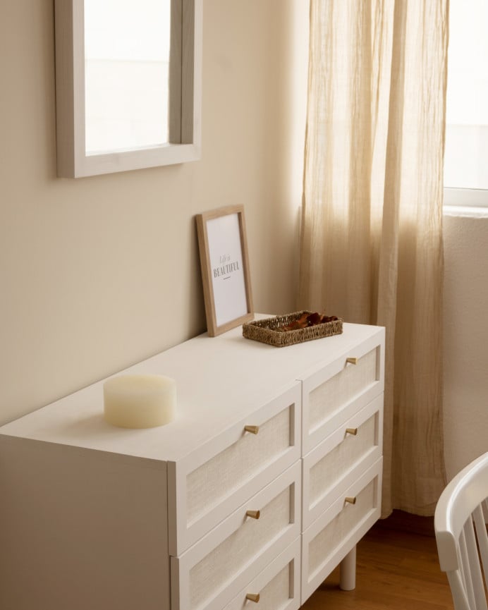 Deco Wood Cómoda De Madera Maciza Y Lino Con Seis Cajones En Tono Blanco De 76x120cm