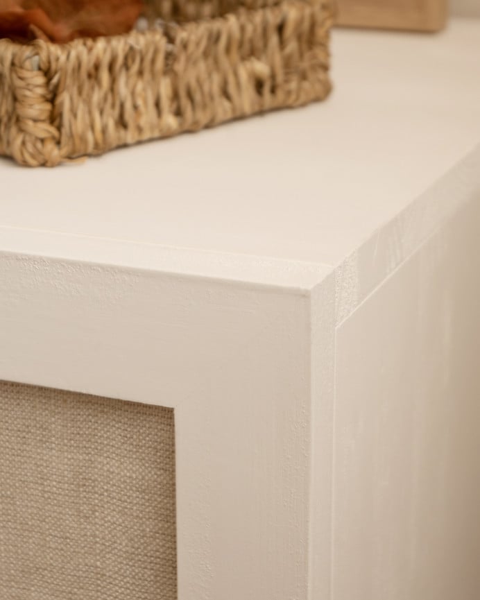 Deco Wood Cómoda De Madera Maciza Y Lino Con Seis Cajones En Tono Blanco De 76x120cm