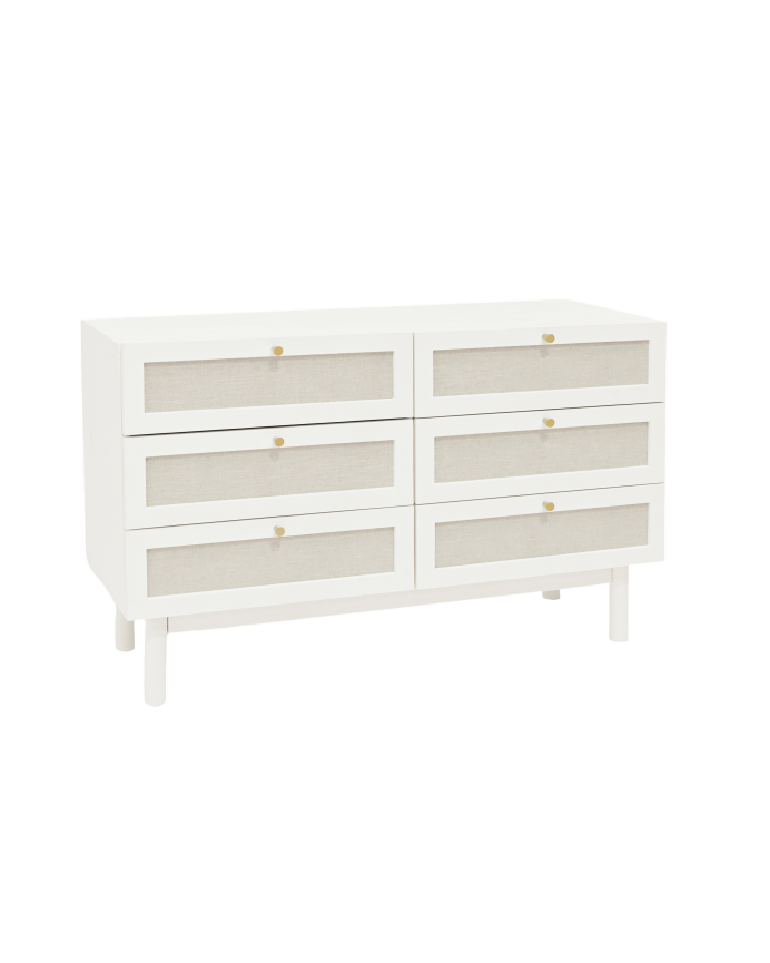 Deco Wood Cómoda De Madera Maciza Y Lino Con Seis Cajones En Tono Blanco De 76x120cm