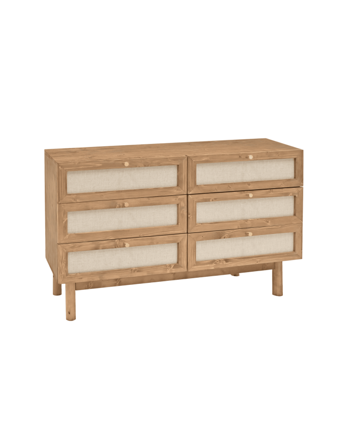 Deco wood Cómoda de madera maciza y lino con seis cajones en tono roble oscuro de 76x120cm