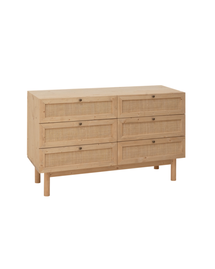 Deco Wood Cómoda De Madera Maciza Y Rafia 6 Cajones En Tono Roble Medio 120x76cm