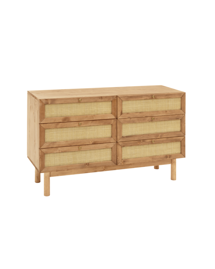 Deco wood Cómoda de madera maciza y rafia con seis cajones en tono roble oscuro de 76x120cm