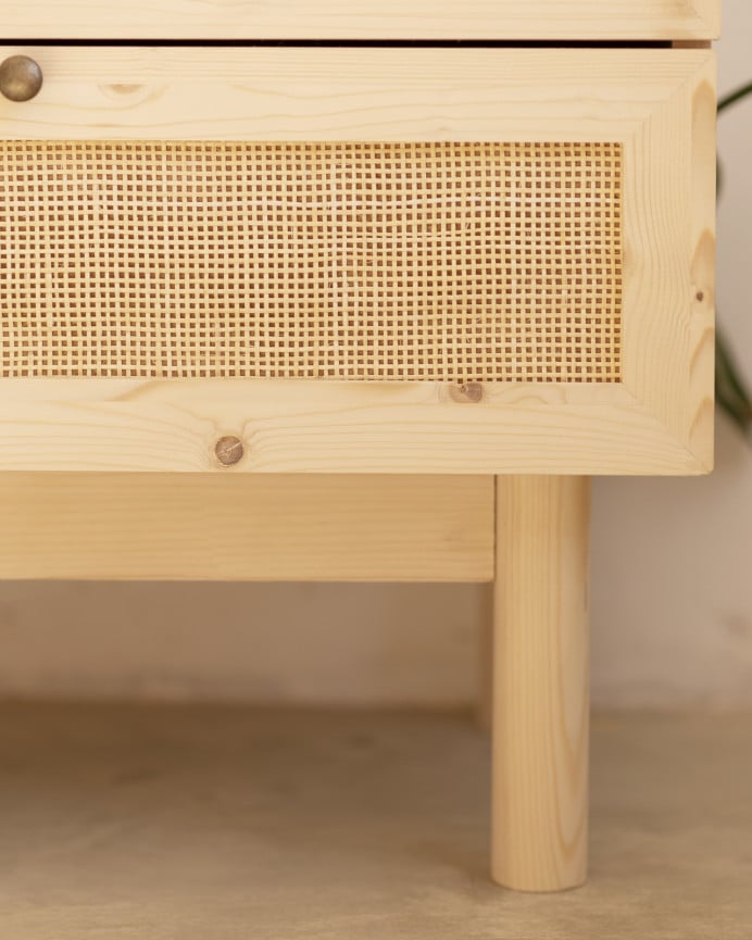 Deco Wood Cómoda De Madera Maciza Y Rafia Con Seis Cajones En Tono Natural De 76x120cm