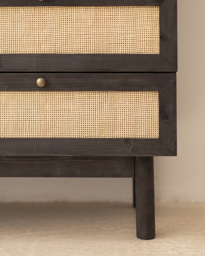 Deco Wood Cómoda De Madera Maciza Y Rafia Con Seis Cajones En Tono Negro De 76x120cm