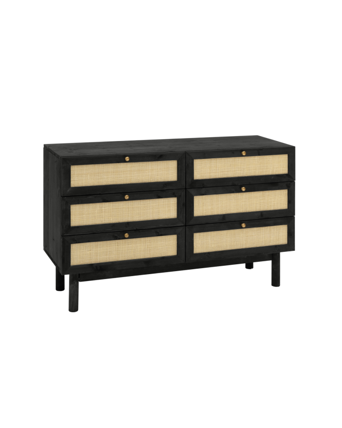 Deco wood Cómoda de madera maciza y rafia con seis cajones en tono negro de 76x120cm