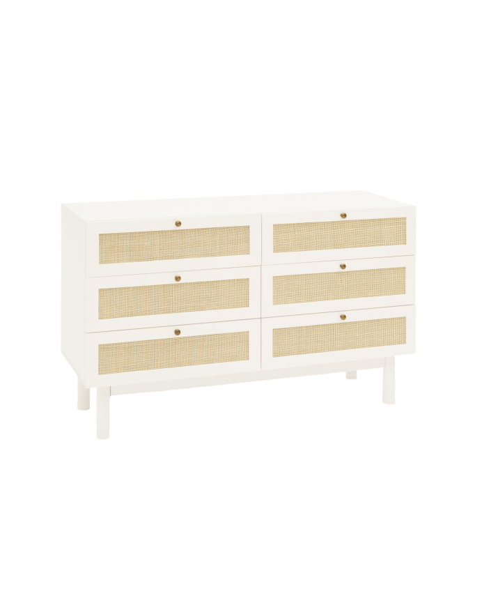 Deco wood Cómoda de madera maciza y rafia con seis cajones en tono blanco de 76x120cm