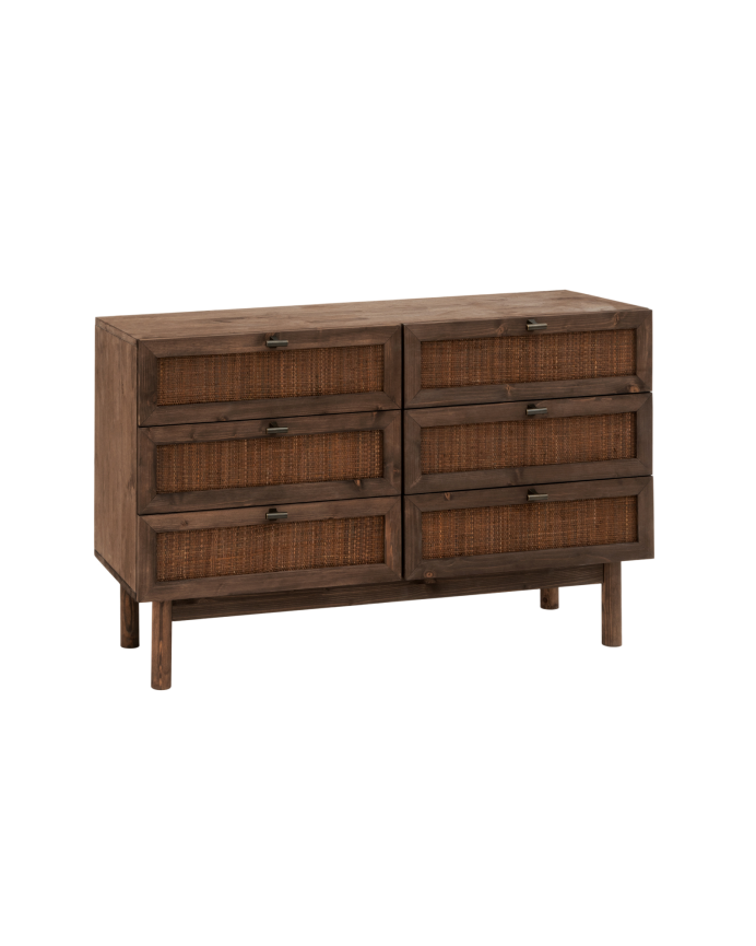Deco wood Cómoda de madera maciza y rafia con seis cajones en tono nogal de 76x120cm