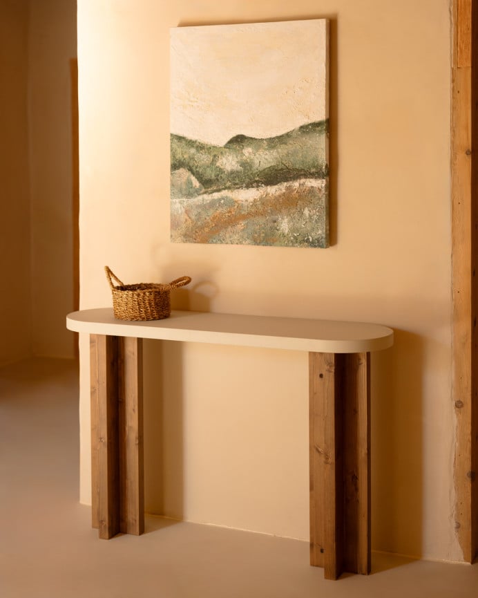 Deco Wood Consola De Microcemento Y Patas De Madera En Tono Roble Oscuro De 120x80cm