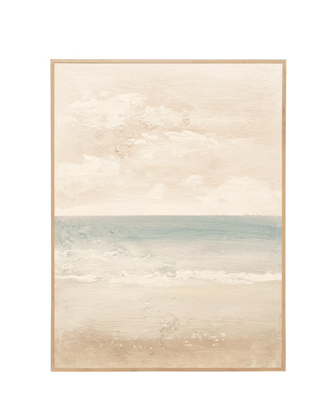 Deco wood Cuadro beige y azul decorativo sobre algodón con bastidor de madera pintado artesanalmente con pintura al óleo de 80x60cm