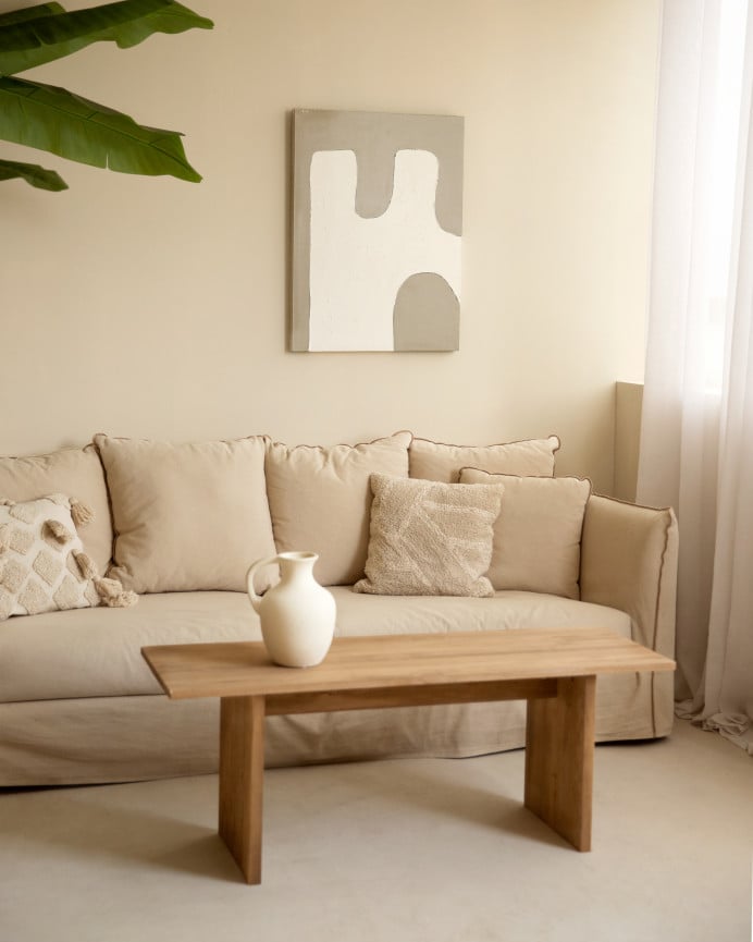 Deco Wood Cuadro Beige Y Blanco Decorativo Sobre Algodón Con Bastidor De Madera Pintado Artesanalmente Con Pintura Al óleo De 80x60cm