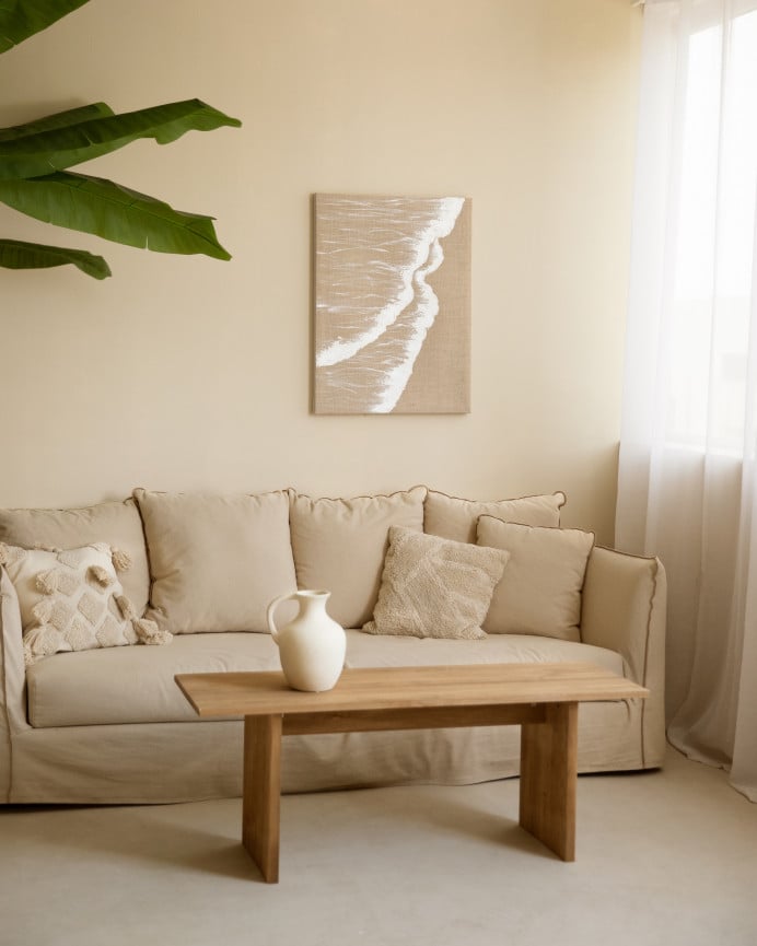 Deco Wood Cuadro Beige Y Blanco Decorativo Sobre Lino Con Bastidor De Madera Pintado Artesanalmente Con Pintura Al óleo De 80x60cm