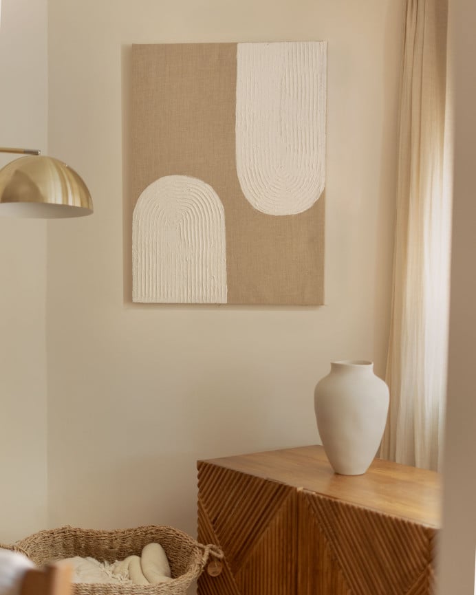 Deco Wood Cuadro Beige Y Blanco Decorativo Sobre Lino Con Bastidor De Madera Pintado Artesanalmente Con Pintura Al óleo De 80x60cm