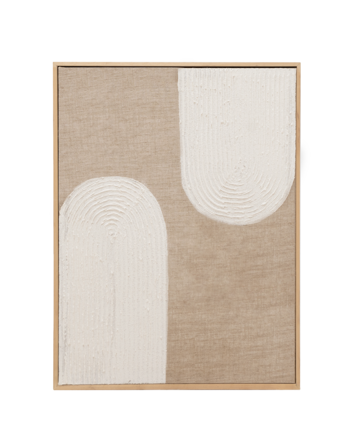 Deco wood Cuadro beige y blanco decorativo sobre lino con bastidor de madera pintado artesanalmente con pintura al óleo de 80x60cm