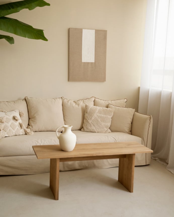 Deco Wood Cuadro Beige Y Blanco Decorativo Sobre Lino Con Bastidor De Madera Pintado Artesanalmente Con Pintura Al óleo De 80x60cm