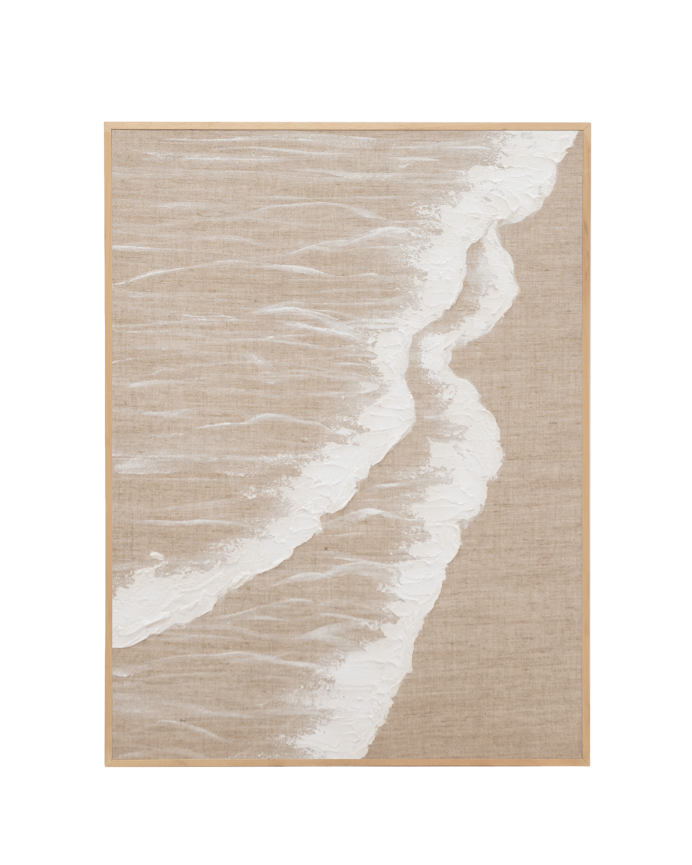 Deco wood Cuadro beige y blanco decorativo sobre lino con bastidor de madera pintado artesanalmente con pintura al óleo de 80x60cm