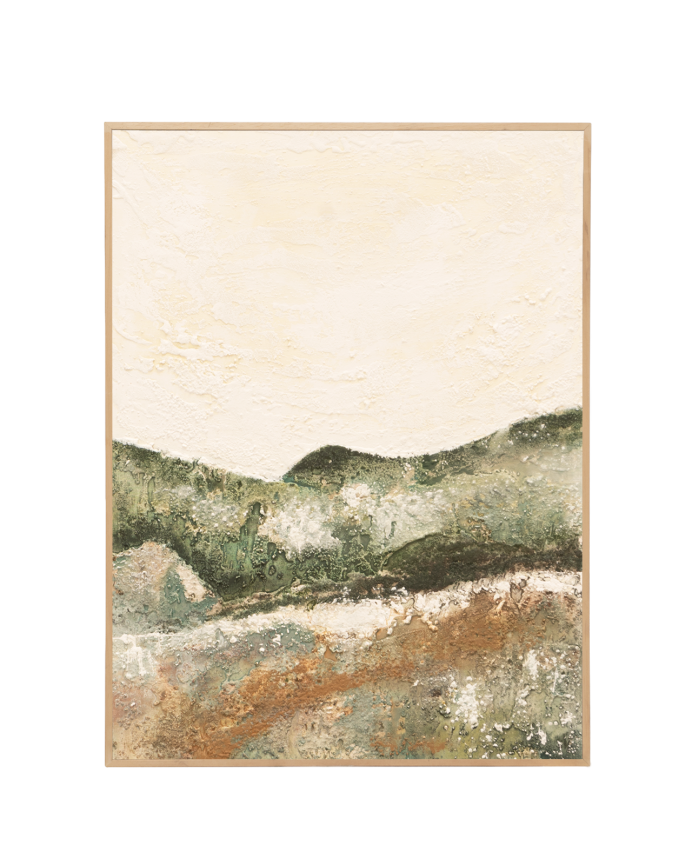 Deco wood Cuadro beige y verde decorativo sobre algodón con bastidor de madera pintado artesanalmente con pintura al óleo de 80x60cm