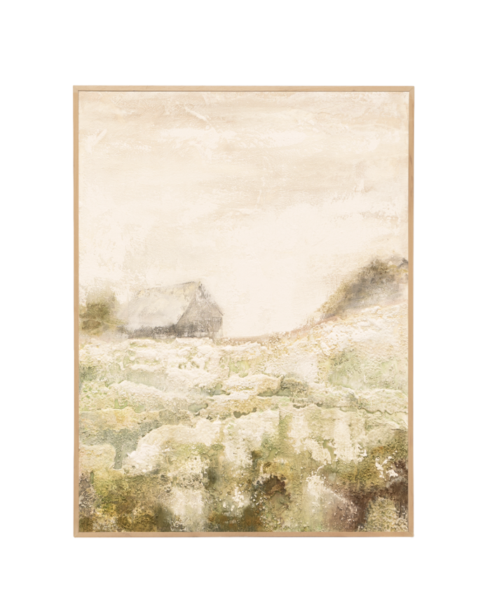 Deco wood Cuadro beige y verde decorativo sobre algodón con bastidor de madera pintado artesanalmente con pintura al óleo de 80x60cm