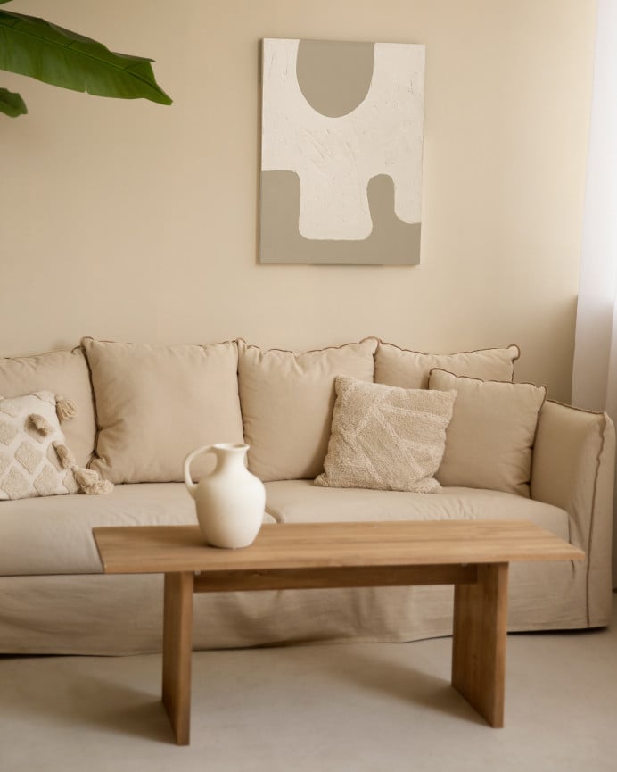 Deco Wood Cuadro Blanco Y Beige Decorativo Sobre Algodón Con Bastidor De Madera Pintado Artesanalmente Con Pintura Al óleo De 80x60cm