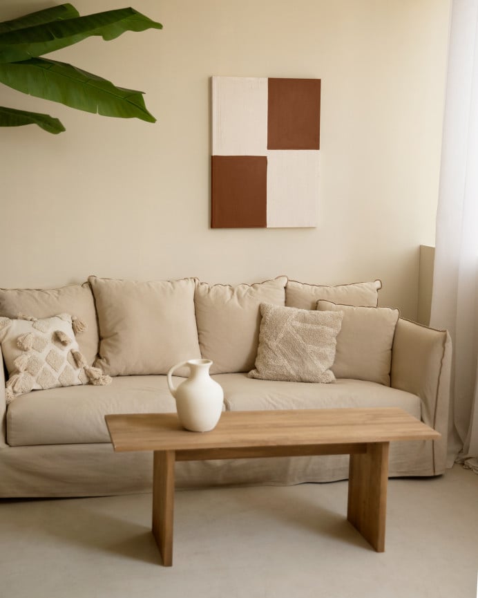 Deco Wood Cuadro Teja Y Blanco Decorativo Sobre Algodón Con Bastidor De Madera Pintado Artesanalmente Con Pintura Al óleo De 80x60cm