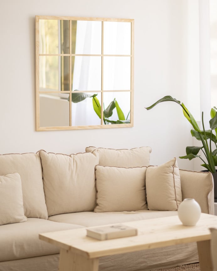 Deco Wood Espejo Cuadrado De Pared Tipo Ventana Elaborado Con Madera De 90x90cm