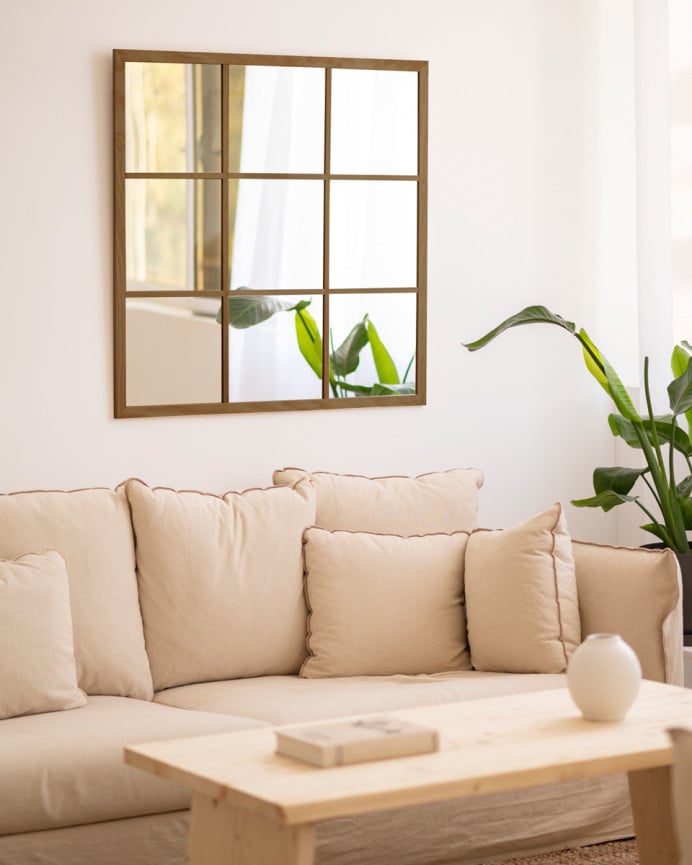 Deco Wood Espejo Cuadrado De Pared Tipo Ventana Elaborado Con Madera De DM En Acabado Roble Oscuro