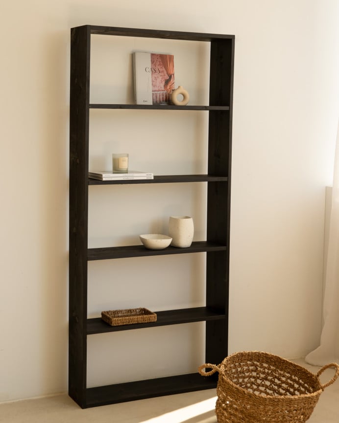 Deco Wood Estantería De Madera Maciza Tono Negro Con 4 Estantes