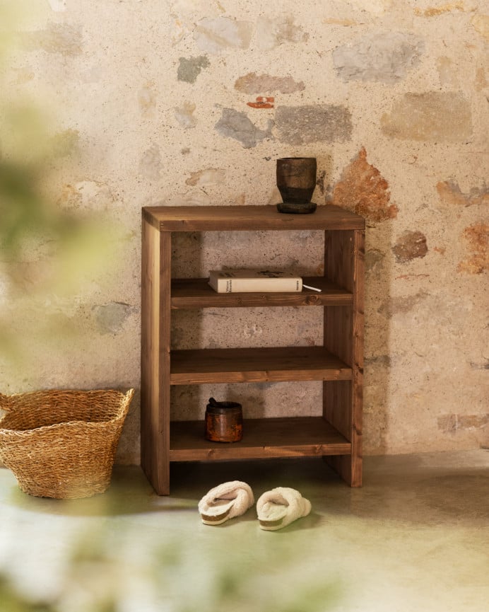 Deco Wood Estantería Zapatero De Madera Maciza Tono Roble Oscuro 80x60cm