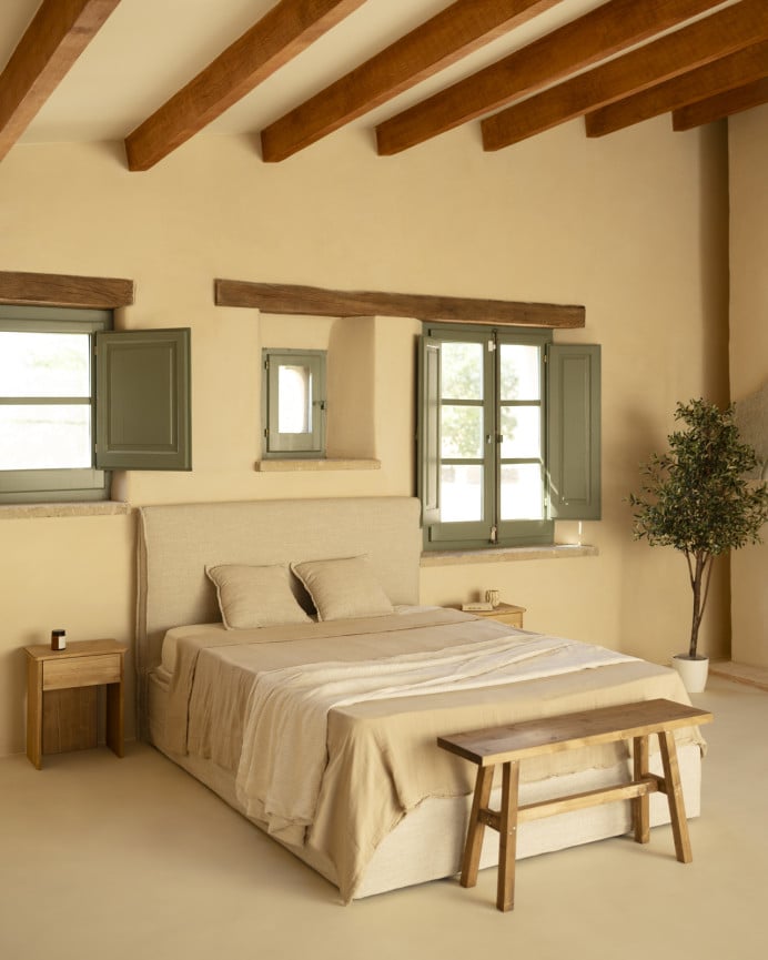 Deco Wood Funda Para Cama Con Canapé Desenfundable De Lino Beige Para Colchón De 90x200cm