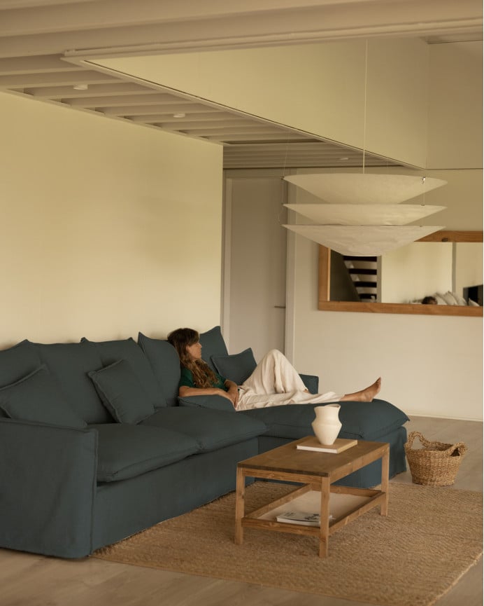 Deco Wood Funda Para Sofá Con Chaise Longue Derecho De Algodón Y Lino Color Azul De 278x170cm
