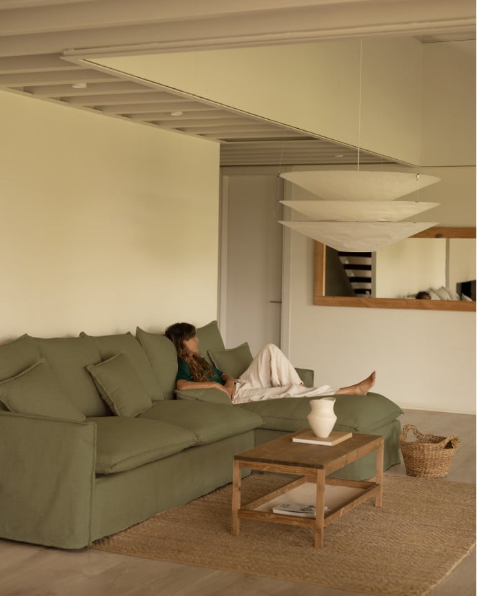 Deco Wood Funda Para Sofá Con Chaise Longue Derecho De Algodón Y Lino Color Verde De 278x170cm