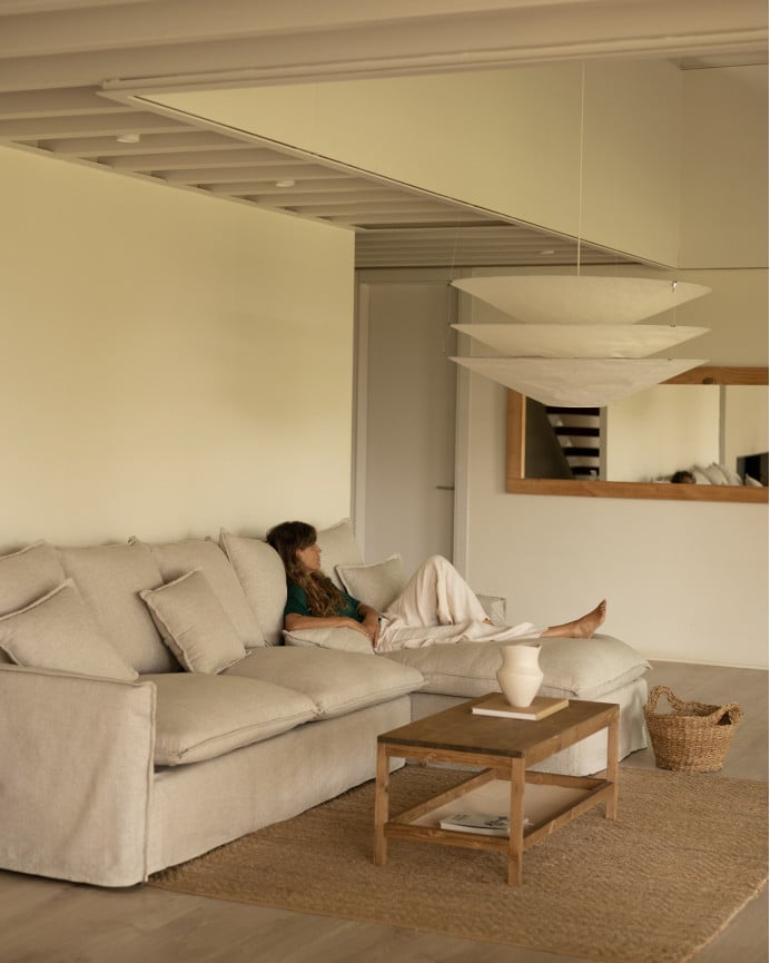 Deco Wood Funda Para Sofá Con Chaise Longue Derecho De Algodón Y Lino Color Beige De 278x170cm