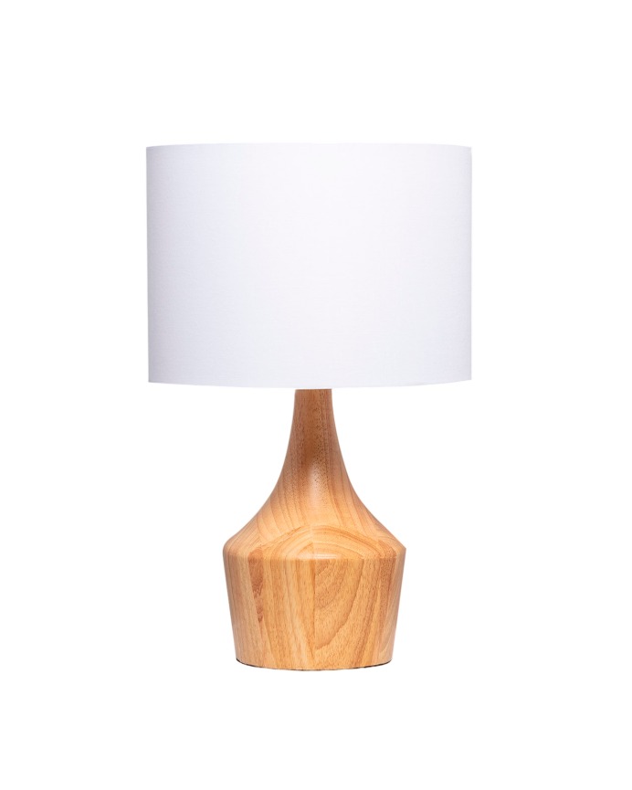 Deco wood Lámpara de mesa elaborada con base de madera y pantalla textil color blanco