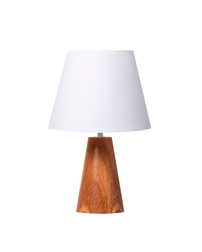 Deco wood Lámpara de mesa elaborada con base de madera y pantalla textil color blanco