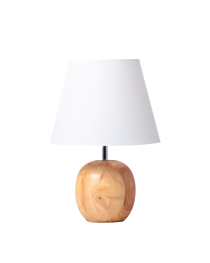Deco wood Lámpara de mesa elaborada con base de madera y pantalla textil color blanco