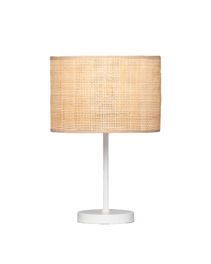 Deco wood Lámpara de mesa elaborada con base metálica color blanco y pantalla de ratán