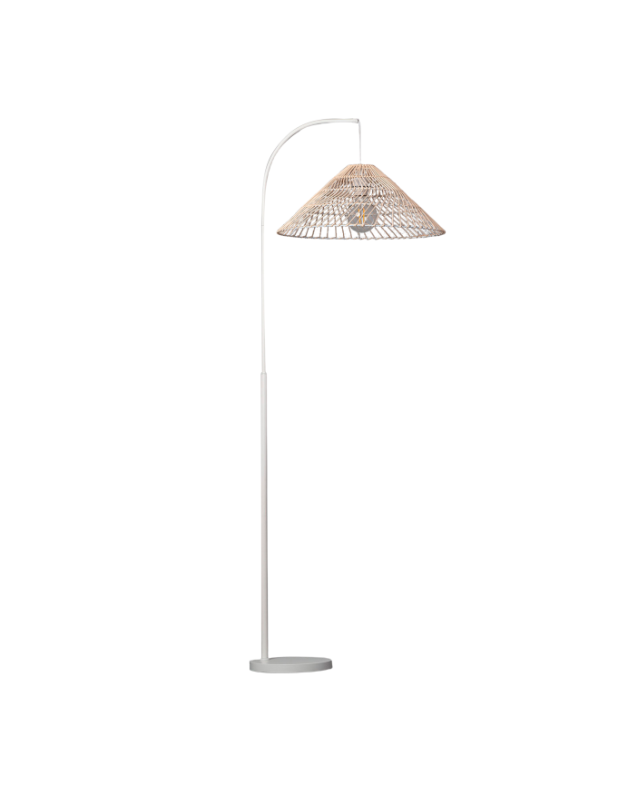 Deco wood Lámpara de pie elaborada con base metálica color blanco y pantalla de ratán